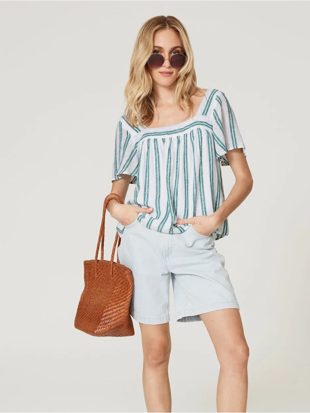 Rails White & Green Savon Ivy Striped Square-Neck Linen Blend Peasant Top Sz XS